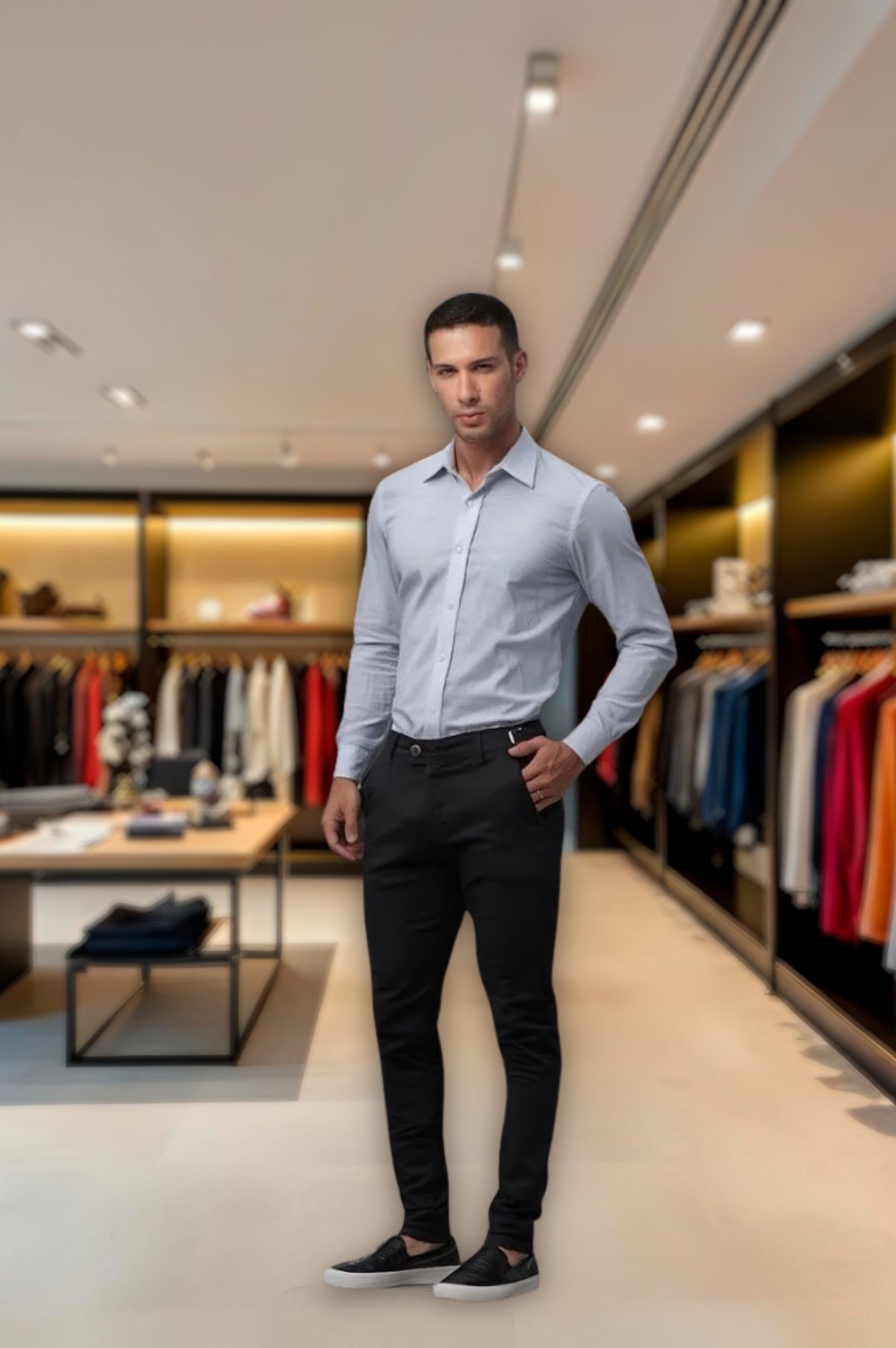 Calça Alfaiataria Ajuste Lateral Slim Sarja Brim Tendência