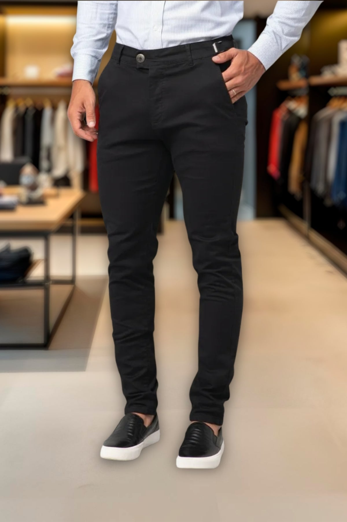 Calça Alfaiataria Ajuste Lateral Slim Sarja Brim Tendência