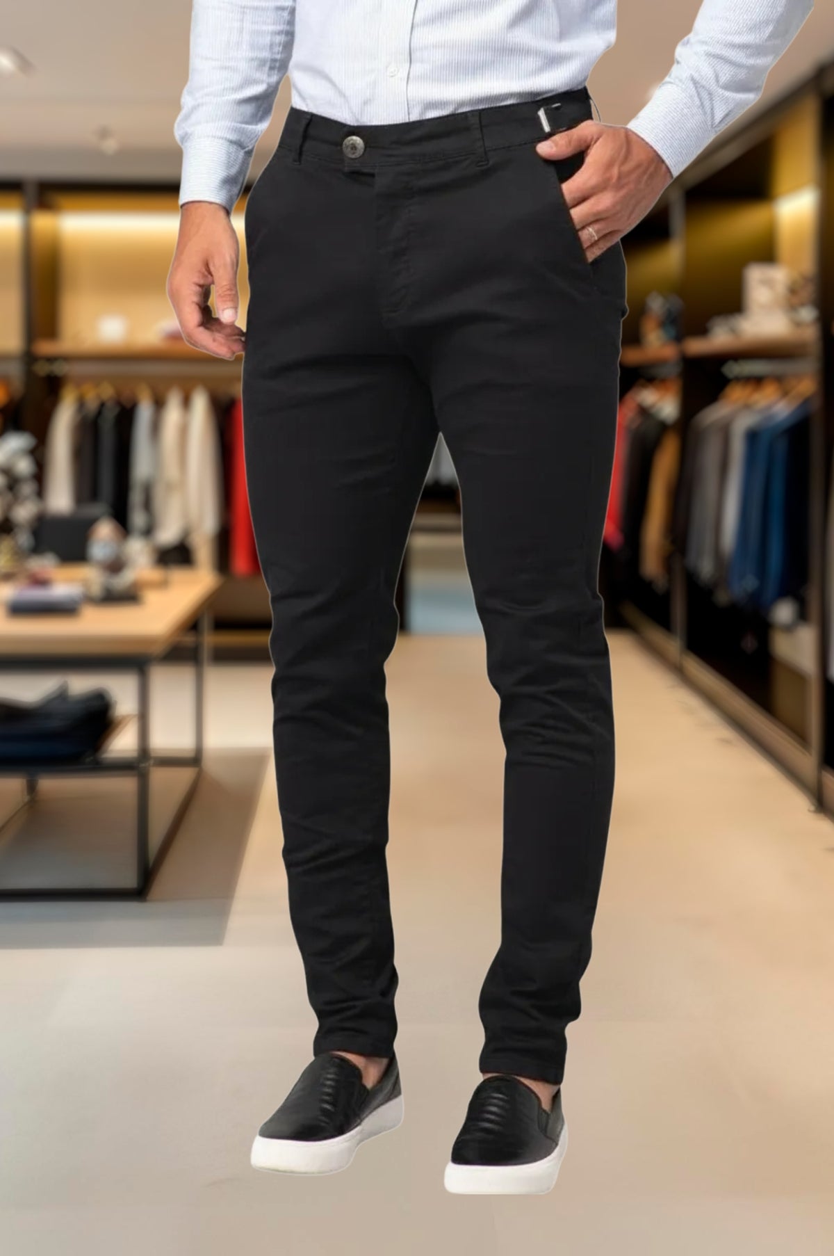 Calça Alfaiataria Ajuste Lateral Slim Sarja Brim